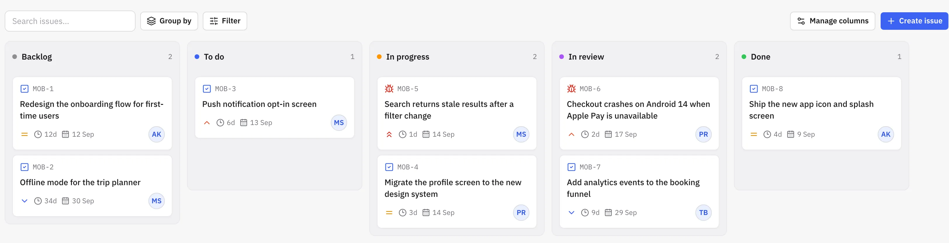 The JaWork kanban board for a project called Mobile App Revamp, with issue cards across five columns — Backlog, To do, In progress, In review and Done — each card showing its issue key, title, priority, time in status and assignee.