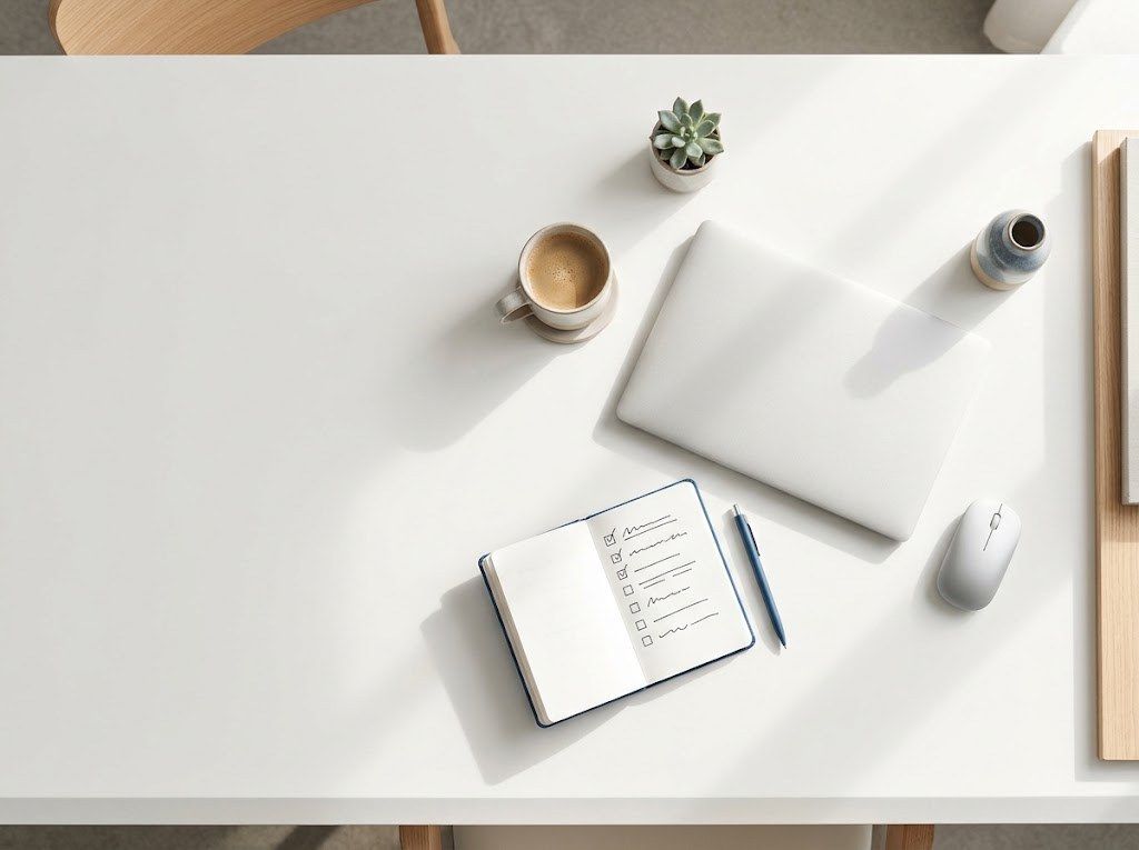 A clean, bright desk with a laptop, a checklist notebook and a coffee, a calm and organized way to work